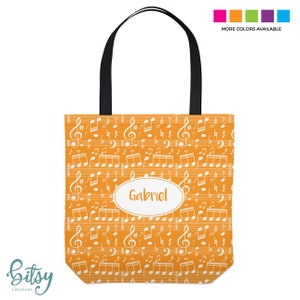 Music Lesson Tote Bag Personalized Tote for Kids or Adults Music Notes Piano Bag Three Sizes in Many Colors Orange