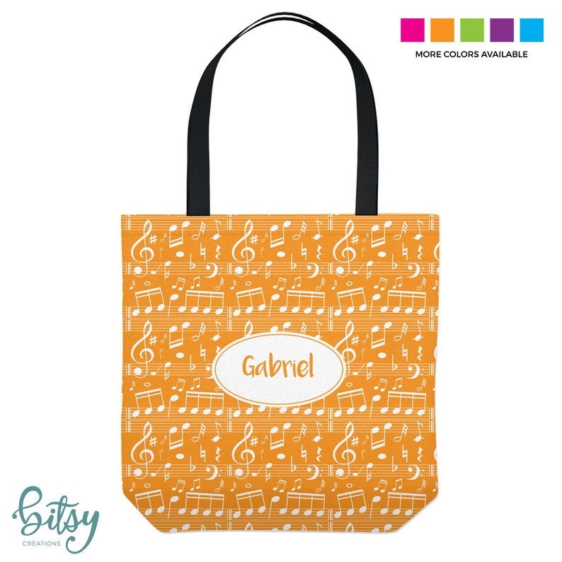 Music Lesson Tote Bag Personalized Tote for Kids or Adults Music Notes Piano Bag Three Sizes in Many Colors Orange