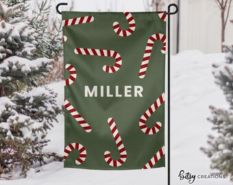 Christmas Yard Flag - Minimalist Candy Cane Christmas Garden Flag - Personalized with Last Name or Address - Custom Made 12x18 inch Flag