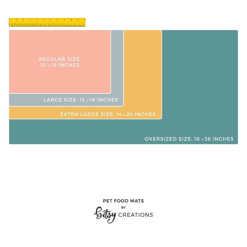 Pode incluir: Quatro tamanhos diferentes de tapetes para comida de animais de estima&ccedil;&atilde;o s&atilde;o mostrados em um gr&aacute;fico. Os tapetes s&atilde;o em tons de rosa, azul, amarelo e azul-petr&oacute;leo. Os tamanhos s&atilde;o rotulados: Tamanho regular: 10 x 16 polegadas, Tamanho grande: 12 x 18 polegadas, Tamanho extra grande: 14 x 24 polegadas e Tamanho extra grande: 18 x 36 polegadas. O texto "PET FOOD MATS BY Bitsy CREATIONS" est&aacute; na parte inferior do gr&aacute;fico.