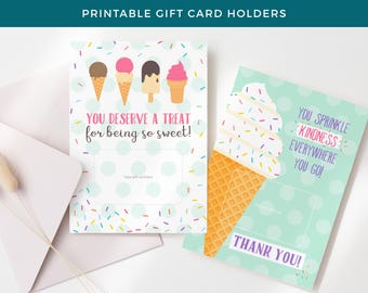 Ice Cream Gift Card Holder - Printable Flat Thank You Card with a space for a gift card - Instant Download - Thank You Gift Idea