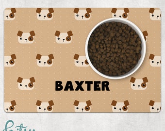 Dog Food Mat - Kawaii Dogs - Personalized With Dog's Name Machine Washable Fabric Top with No-Slip Neoprene Back