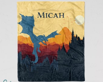 Personalized Dragon Blanket - Super Soft Minky Blanket with Sizes for Baby, Child, Teen, or Adult! Mythical Castle Dragon Silhouette