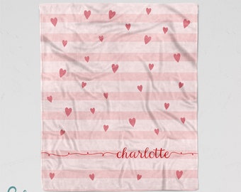 Personalized Heart Blanket - Soft Minky Nursery Blanket with Sizes for Baby, Child, Teen, or Adult! Pink Stripes and Hearts with Name