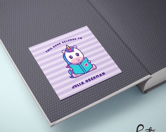 Personalized Unicorn Bookplate Stickers - 20 Square Stickers - Custom Made with Any Name - This Book Belongs To - Purple Rainbow Unicorn