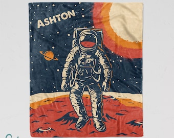 Personalized Astronaut Blanket - Super Soft Minky Blanket with Sizes for Baby, Child, Teen, or Adult! Outer Space Planets Sherpa Back Option