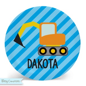 Construction Truck Plate - Digger - Child&#39;s Plate - Child&#39;s Bowl - Construction Melamine Bowl or Plate Personalized (Plastic)