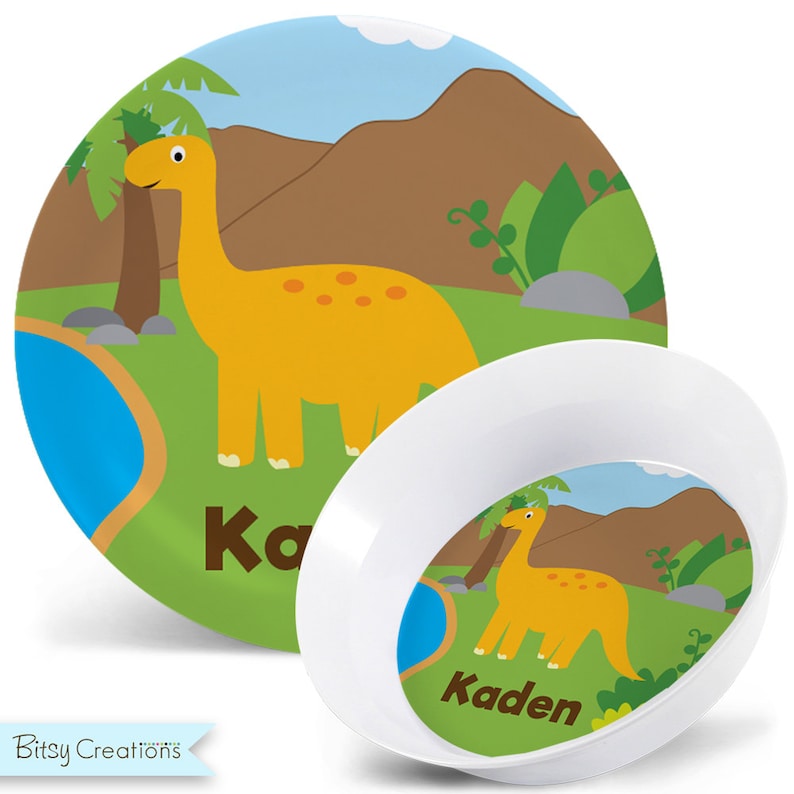 Child/'s Plate or Bowl Personalized Dinosaur Plate Yellow Dinosaur Melamine Plate Plastic