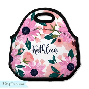 Pink Floral Lunch Tote - Personalized Lunch Bag for Adults, Teens, or Kids - Washable Soft Neoprene -  Lunchbox with Pink and Peach Flowers