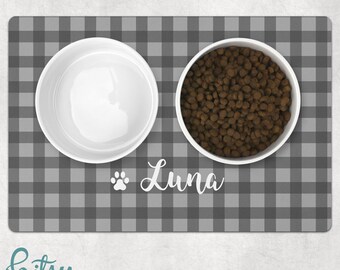 Pet Placemat - Buffalo Check in Gray or Red - Personalized With Dog or Cat's Name Machine Washable Fabric Top with No-Slip Neoprene Back