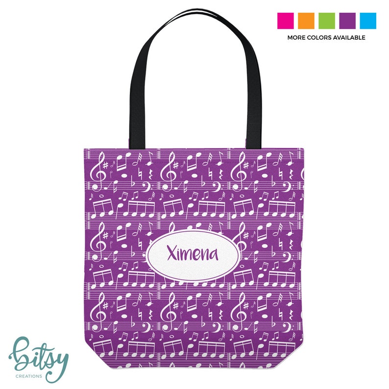 Music Lesson Tote Bag Personalized Tote for Kids or Adults Music Notes Piano Bag Three Sizes in Many Colors Purple