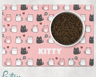 Cat Food Mat - Kawaii Cats in PINK - Personalized With Cat's Name Machine Washable Fabric Top with No-Slip Neoprene Back