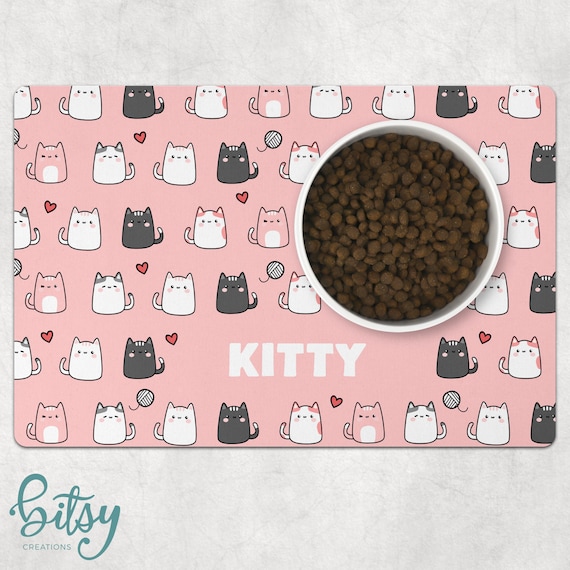 Cat Food Mat Kawaii Cats in PINK Personalized With Cat's Name Machine  Washable Fabric Top With No-slip Neoprene Back 