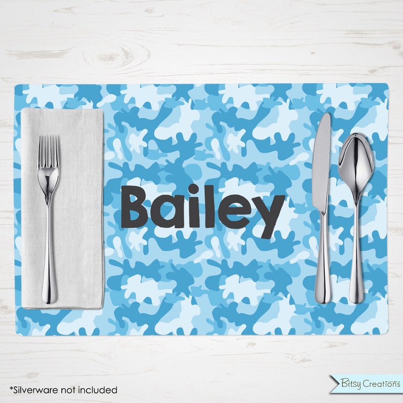 Blue Custom Placemat Personalized with Child/'s Name Green Camouflage Placemat Pink Camo Brown You choose colors