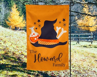 Personalized Halloween Yard Flag - Witch Hat Garden Flag - Personalized with Last Name or Address - Custom Made 12x18 inch Welcome Flag