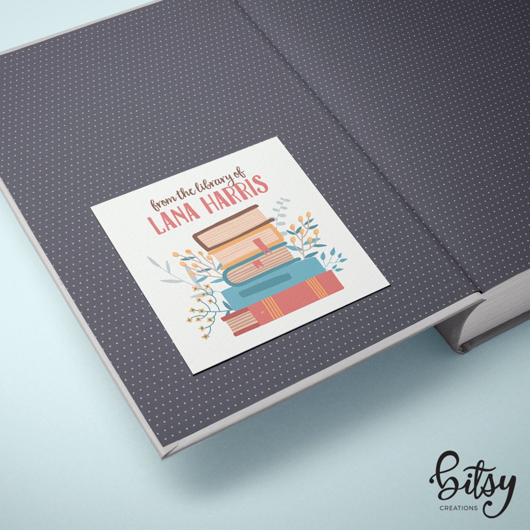 Personalized Bookplate Stickers 20 Square Stickers Stack of Books