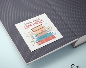 Personalized Bookplate Stickers - 20 Square Stickers - Stack of Books - Custom Made with Any Name - "From the Library Of"