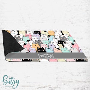Cat Food Mat Cute Cartoon Cat Faces Pastel Colors Personalized With Cat's Name Machine Washable Fabric Top with No-Slip Neoprene Back image 3