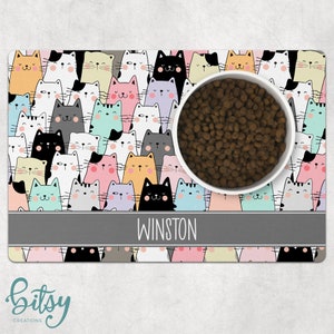 Cat Food Mat Cute Cartoon Cat Faces Pastel Colors Personalized With Cat's Name Machine Washable Fabric Top with No-Slip Neoprene Back image 6