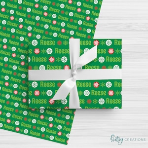Personalized Wrapping Paper - Snowflakes in Green and Red - Custom Made Christmas Gift Wrap with Child's Name