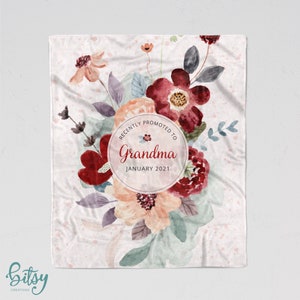 New Grandma Blanket - Birth Announcement Gift Personalized Soft Minky Blanket with Flowers Recently Promoted to Grandma Nanna Granny Abuela