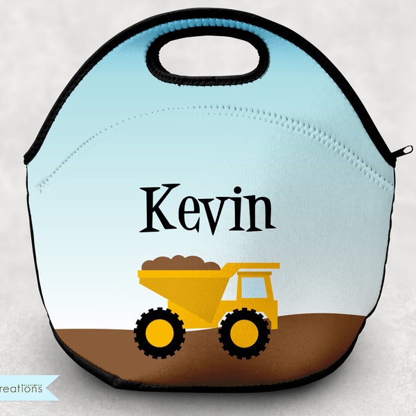 Dump Truck Lunch Tote - Personalized Lunch Bag for Kids - Washable Soft Neoprene - Construction Lunch Box