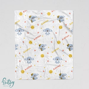 Personalized Koala Blanket - Soft Minky Blanket with Sizes for Baby, Child, Teen, or Adult! Custom Made with Any Name Sun Heart Stars Sherpa