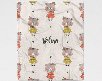 Cute Little Bear Girl Blanket for Children - Personalized Soft Minky Blanket - Sizes for Baby, Child, Teen, or Adult! Sherpa Back Option