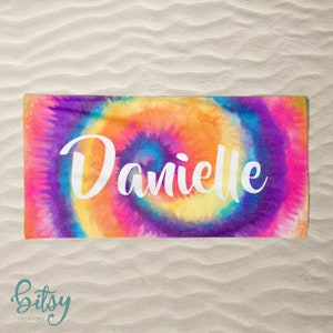 Personalized Beach Towel - Colorful Tie Dye Pool Towel for Kids, Teens, or Adults! Custom Made to Order and Personalized with Name