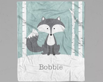 Personalized Fox Blanket for Children - Gray Fox with Snow - Soft Minky Blanket - Sizes for Baby, Child, Teen, or Adult! Sherpa Back Option