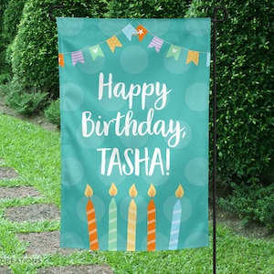 Happy Birthday Garden Flag - Personalized Birthday Candles Yard Flag - Custom Made with Any Name - 12x18 inch Flag
