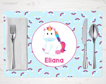 Rainbow Unicorn Placemat, Child's Placemat, Personalized with Child's Name, Custom Place Mat - Blue Rainbow Stars Clouds, Placemat for Kids