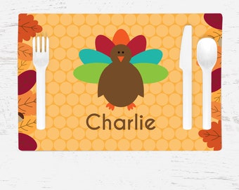 Personalized Thanksgiving Placemat for Kids - Children's Turkey Placemat - Personalized with Child's Name - Custom Placemat - Autumn Leaves