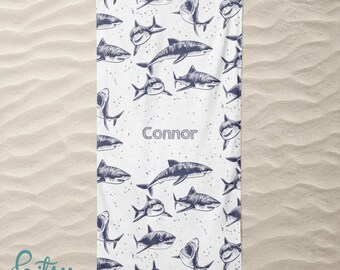 Personalized Shark Beach Towel - Custom Made Towel with Any Name - Great for Children or Adults - White and Blue Ocean Shark Fish