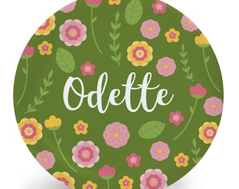 Personalized Floral Plate for Kids - Plate Bowl Placemat Mug - Flower Pattern on Green Tableware Set - Personalized Melamine Plate (Plastic)