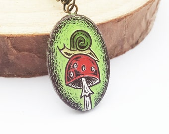 Snail on a Mushroom Necklace, Mushroom Pendant, Toadstool Necklace, Snail Necklace, Birthday Gift, Gift for Her, Girlfriend Gift,