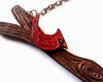 Tree branch with Red Cardinal Bird Necklace - Out on A Limb Series- The Gentleman