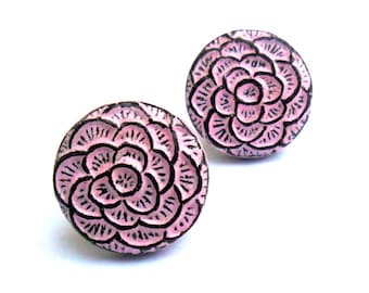 Pink Flower Stud Earrings - Sterling Silver Posts - Pastel Pink and Brown - Spring flower jewelry