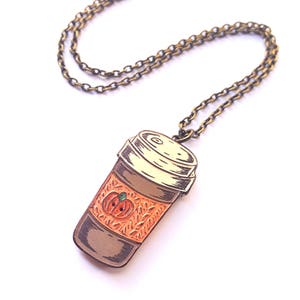 Pumpkin Spice Coffee Necklace, Coffee Travel Mug Pendant, Coffee Cup Necklace, Knit Coffee Cozy, Necklace for Coffee Lover, Fall Jewelry image 5