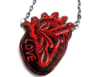 Red and Black Anatomical Heart Necklace  - Love in My Heart Necklace - Valentine's Day Gift