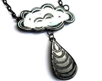 White Rain Cloud Necklace, Gray Ombre Raindrop Pendant, Cloud Jewelry, Storm Cloud Necklace, Rain Jewelry, Gift for Her, Girlfriend Gift