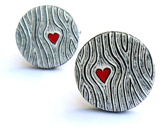 Woodgrain Cufflinks, Wood You Love Me Cufflinks, Black and White Cufflinks with Red Heart, Groom Gift, Valentine's Day Gift, Husband Gift