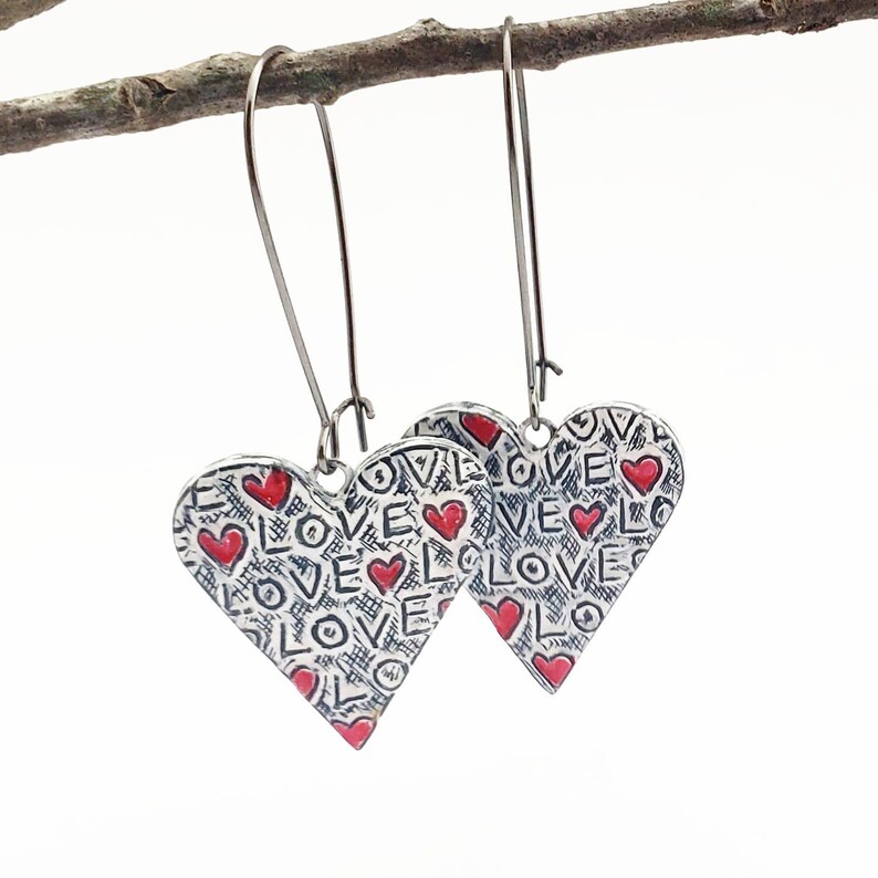Love Heart Dangle Earrings, Red Heart Jewelry, Distressed Heart Earrings, Anniversary Gift, Wife Gift, Girlfriend Gift, Love Earrings image 4