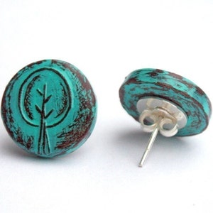 Turquoise Retro Tree Stud Earrings, Rustic Tree Post Earrings, Tree Button Earrings, Woodland Jewelry, Teen Gift, Gift for Her, Wife Gift image 3