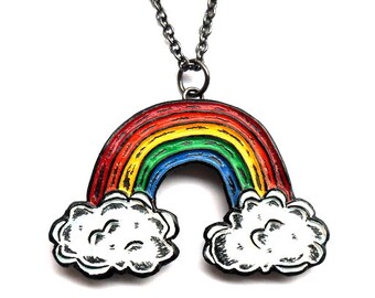 Old School Rainbow with White Clouds Necklace, Old Skool Rainbow Necklace, LGBT, Retro Rainbow Pendant, Teen Girl Gift, Girlfriend Gift