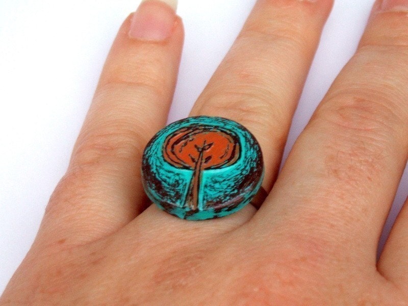 Turquoise and Rust Red Tree Ring Retro Tree Ring Tree Hugger Etsy