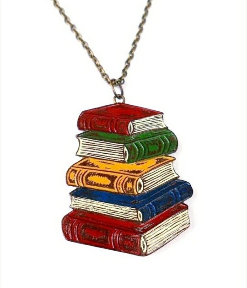 Pile of Books Necklace. Book Necklace. Bibliophile Gift. Gift for Book Lover. Gift for Book Worm. Gift for Graduate. Gift for Teacher image 1