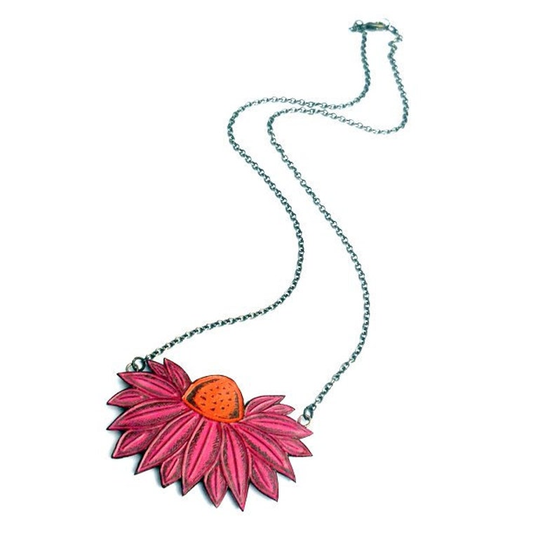 Pink Coneflower Necklace, Pink and Orange Flower Jewelry, Echinacea Flower Necklace, Garden Lover Gift, Herb Necklace, Botanical Pendant image 4