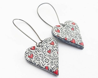 Love Heart Dangle Earrings, Red Heart Jewelry, Distressed Heart Earrings, Anniversary Gift, Wife Gift, Girlfriend Gift, Love Earrings