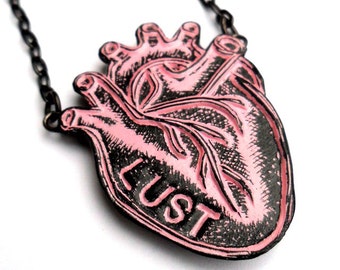 Pastel Pink and Black Anatomical Heart Necklace  - Lust in My Heart Necklace - Valentine's Day Gift